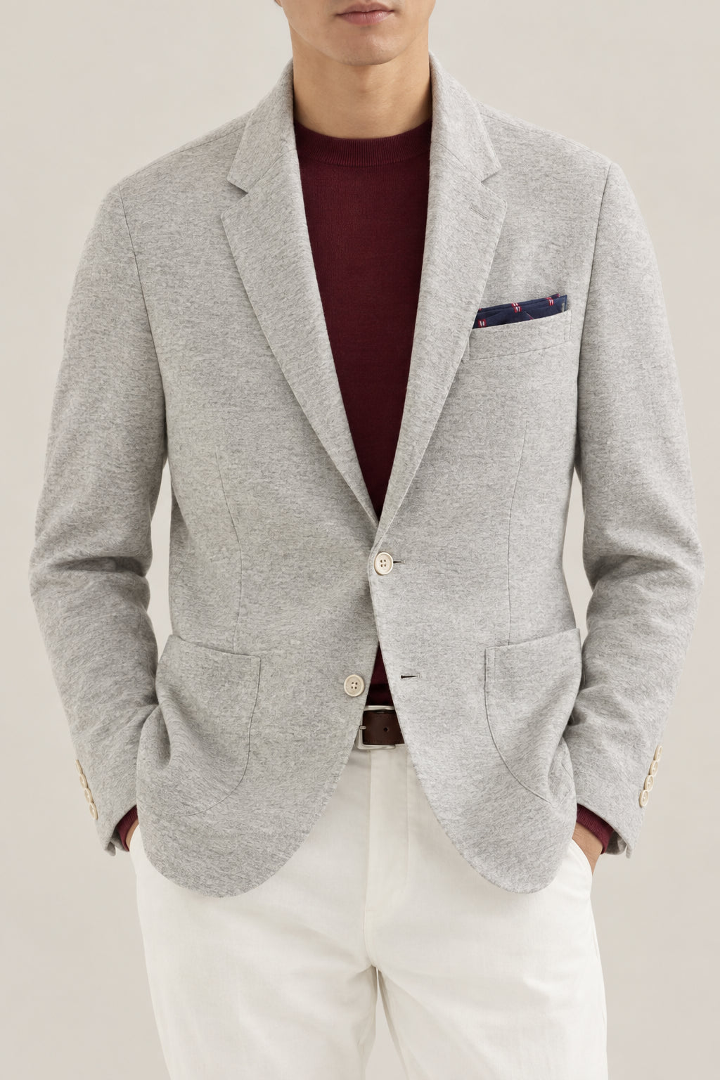 BRUNELLO CUCINELLI MEN'S PEARL GREY WOOL KNIT JACKET