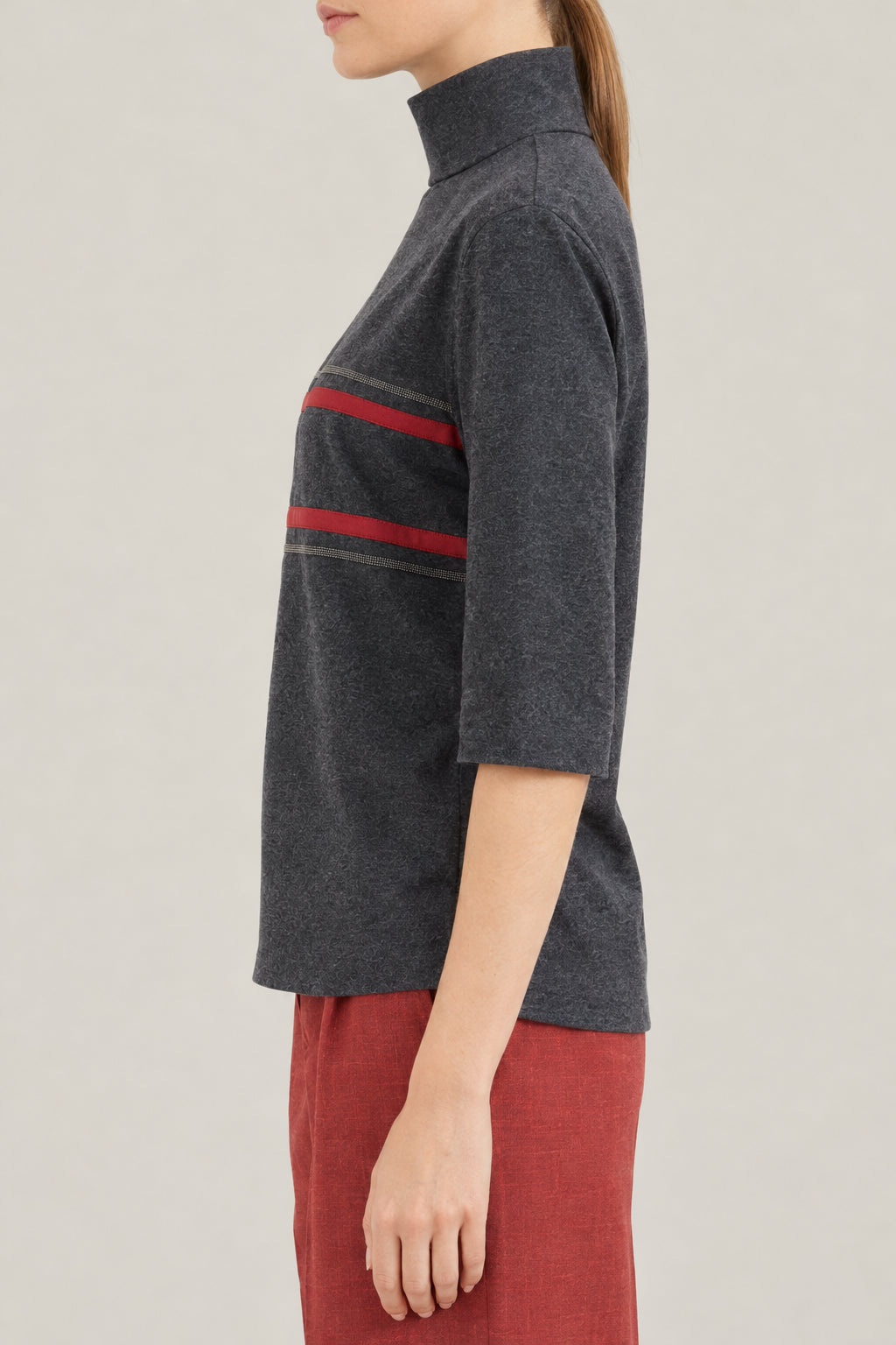 BRUNELLO CUCINELLI WOMEN'S CHARCOAL STRIPED MOCK NECK SHIRT