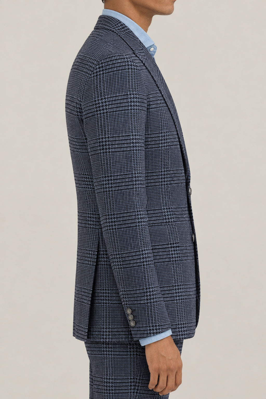 BRUNELLO CUCINELLI MEN'S DENIM WOOL SILK CHECKED BLAZER