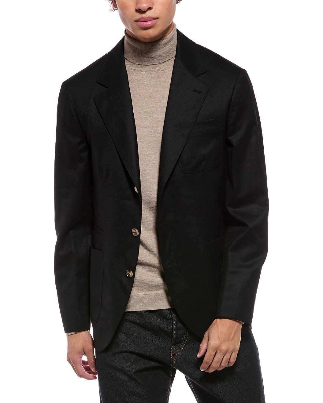 BRUNELLO CUCINELLI MEN'S BLACK WOOL THREE BUTTON BLAZER