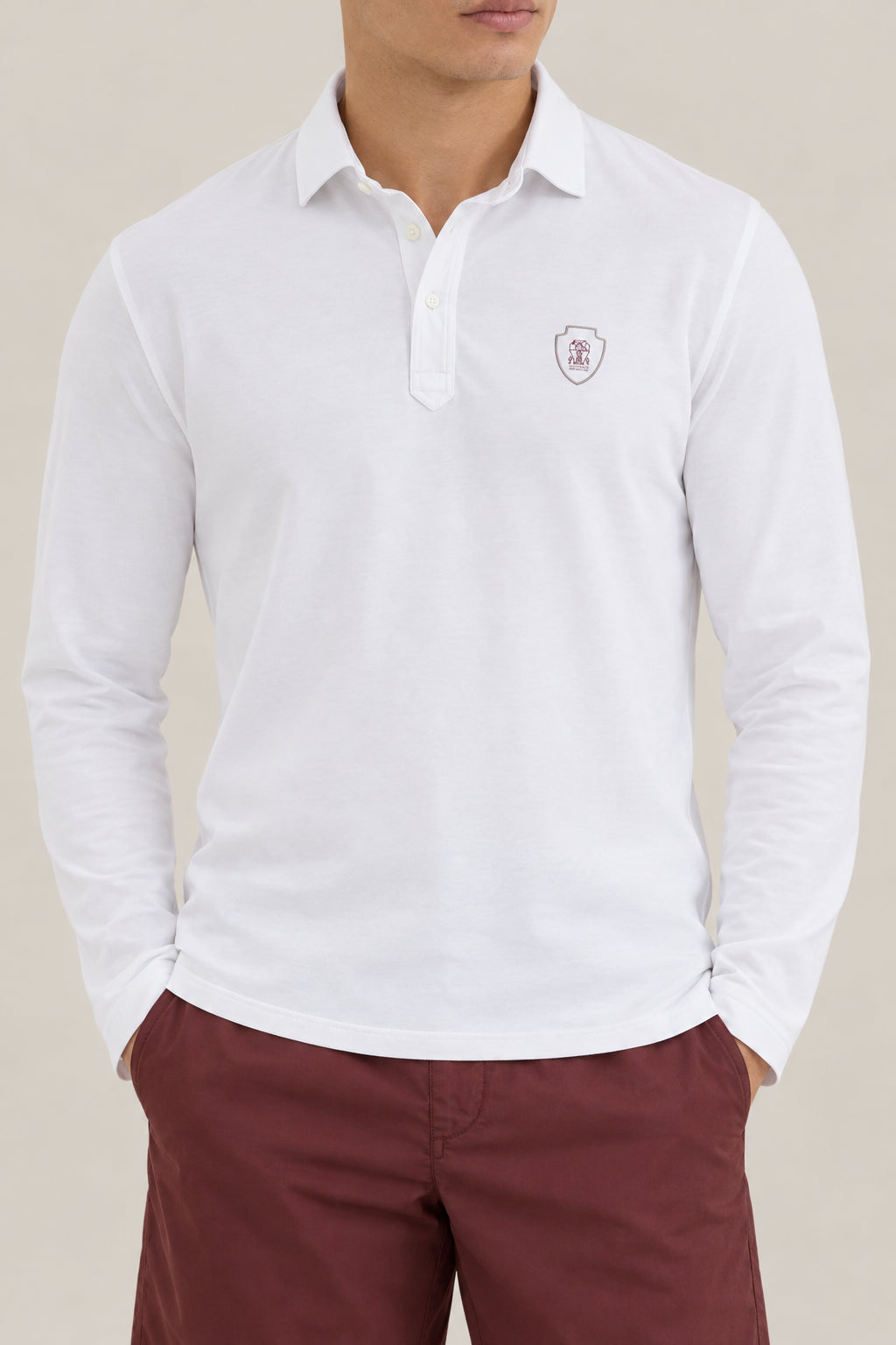 BRUNELLO CUCINELLI MEN'S WHITE LONG SLEEVE POLO SHIRT