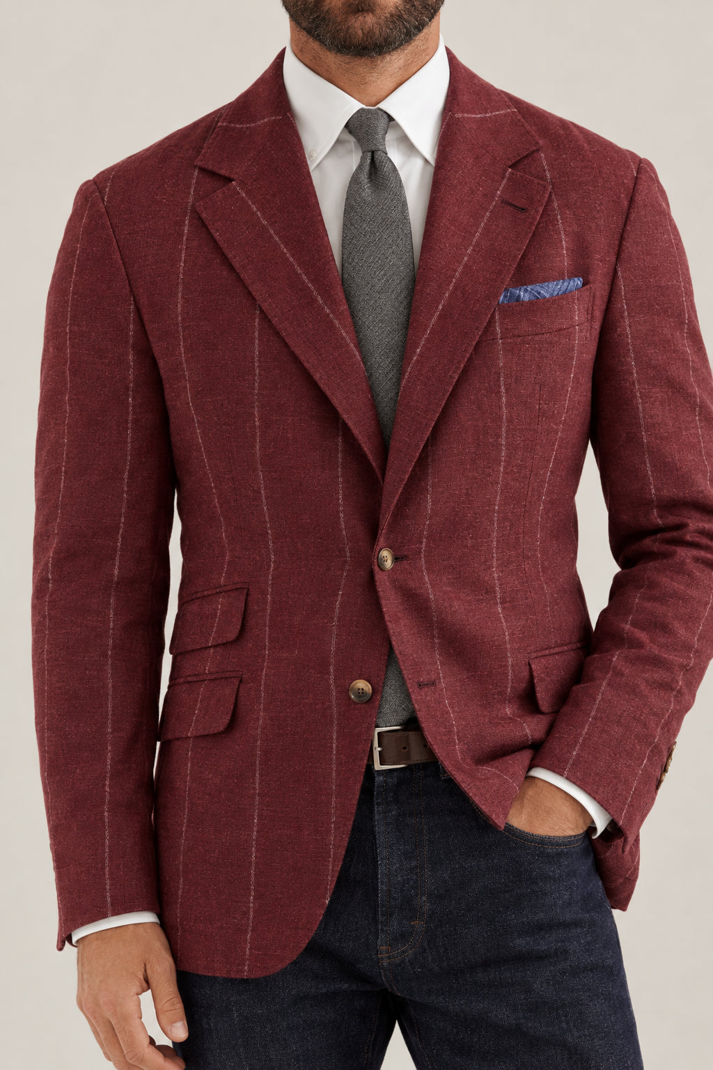 BRUNELLO CUCINELLI MEN'S PURPLE SILK WOOL STRIPED BLAZER