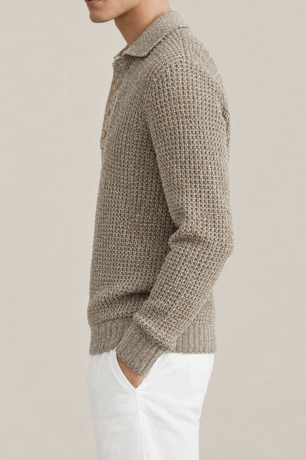 BRUNELLO CUCINELLI MEN'S BEIGE DARK GREY WOOL LINEN KNIT SWEATER