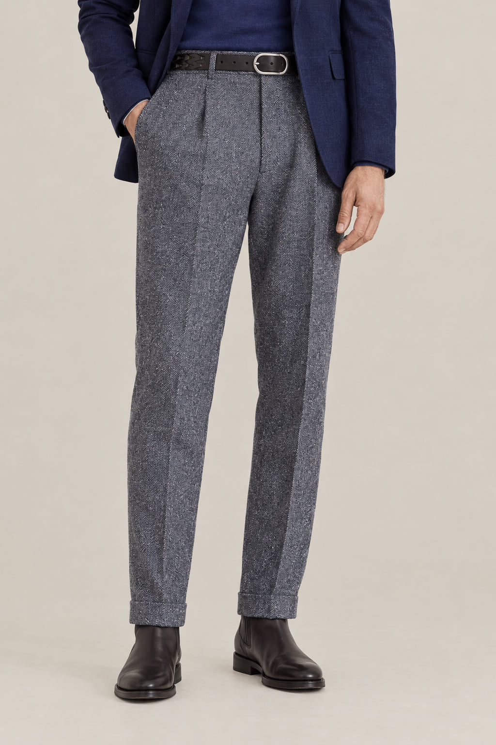 BRUNELLO CUCINELLI MEN'S NAVY WOOL PLEATED TROUSERS
