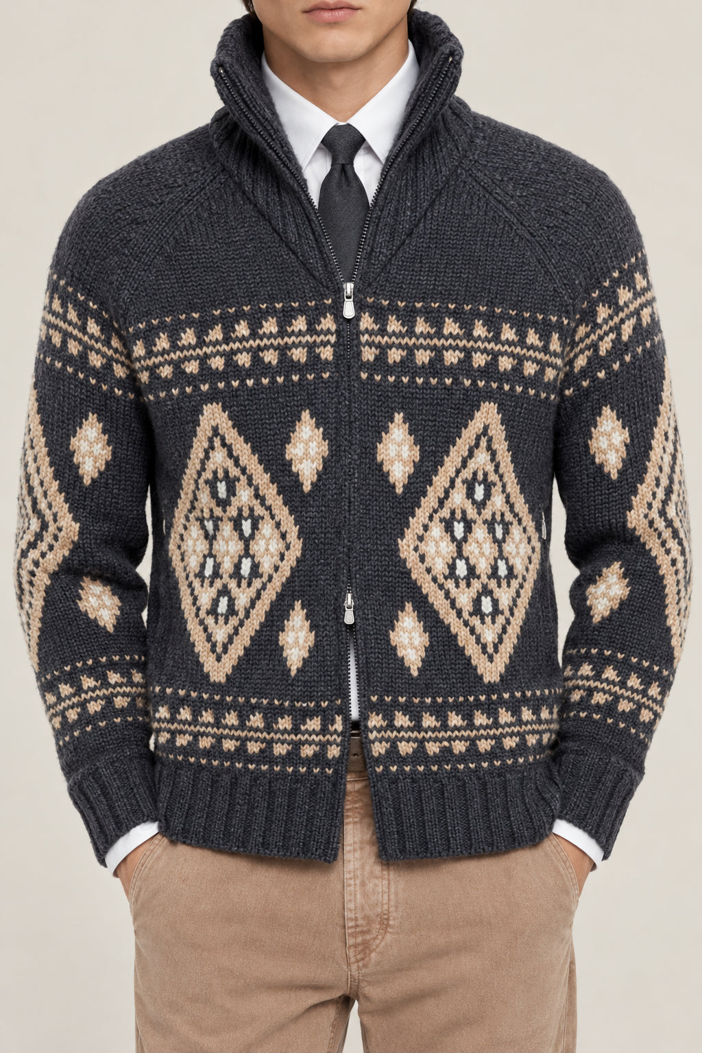 BRUNELLO CUCINELLI MEN'S BLACK STONE CAMEL WOOL ZIP FRONT PATTERNED SWEATER