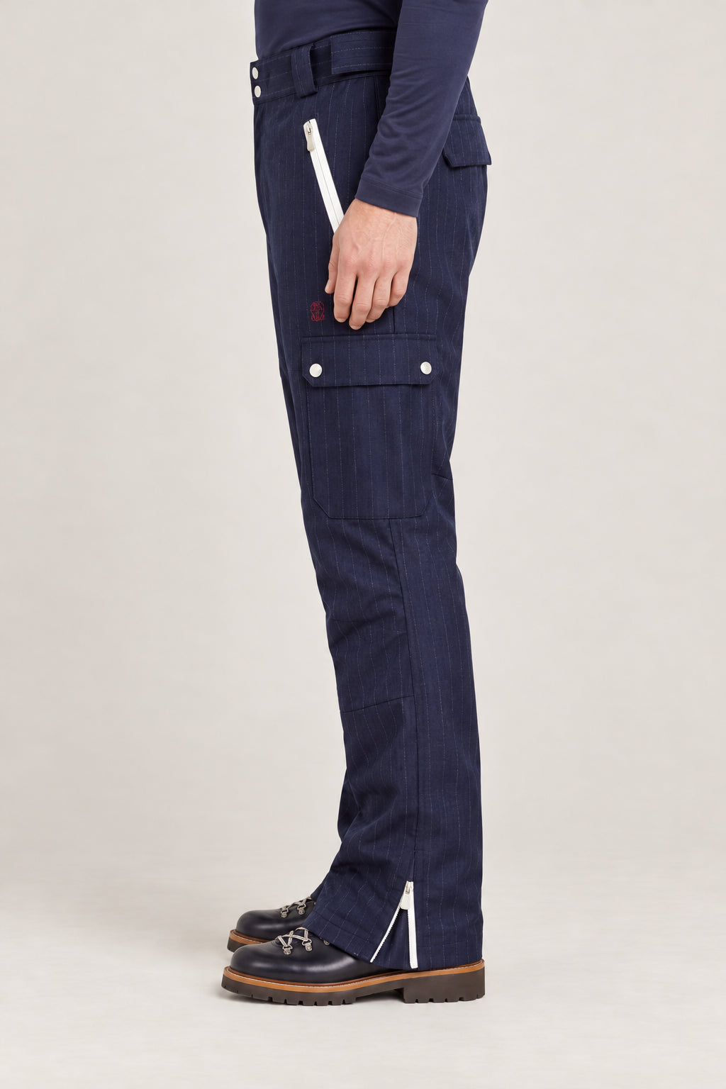 BRUNELLO CUCINELLI MEN'S BLUE PINSTRIPE WOOL CARGO TROUSERS