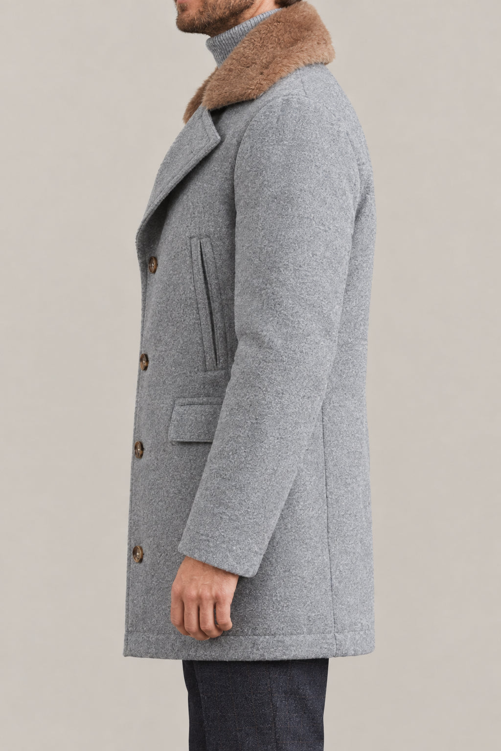 BRUNELLO CUCINELLI MEN'S PEARL GREY WOOL JACKET WITH MINK COLLAR