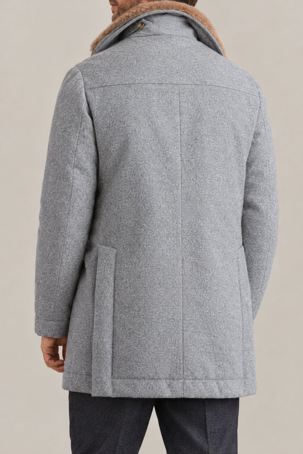BRUNELLO CUCINELLI MEN'S PEARL GREY WOOL JACKET WITH MINK COLLAR