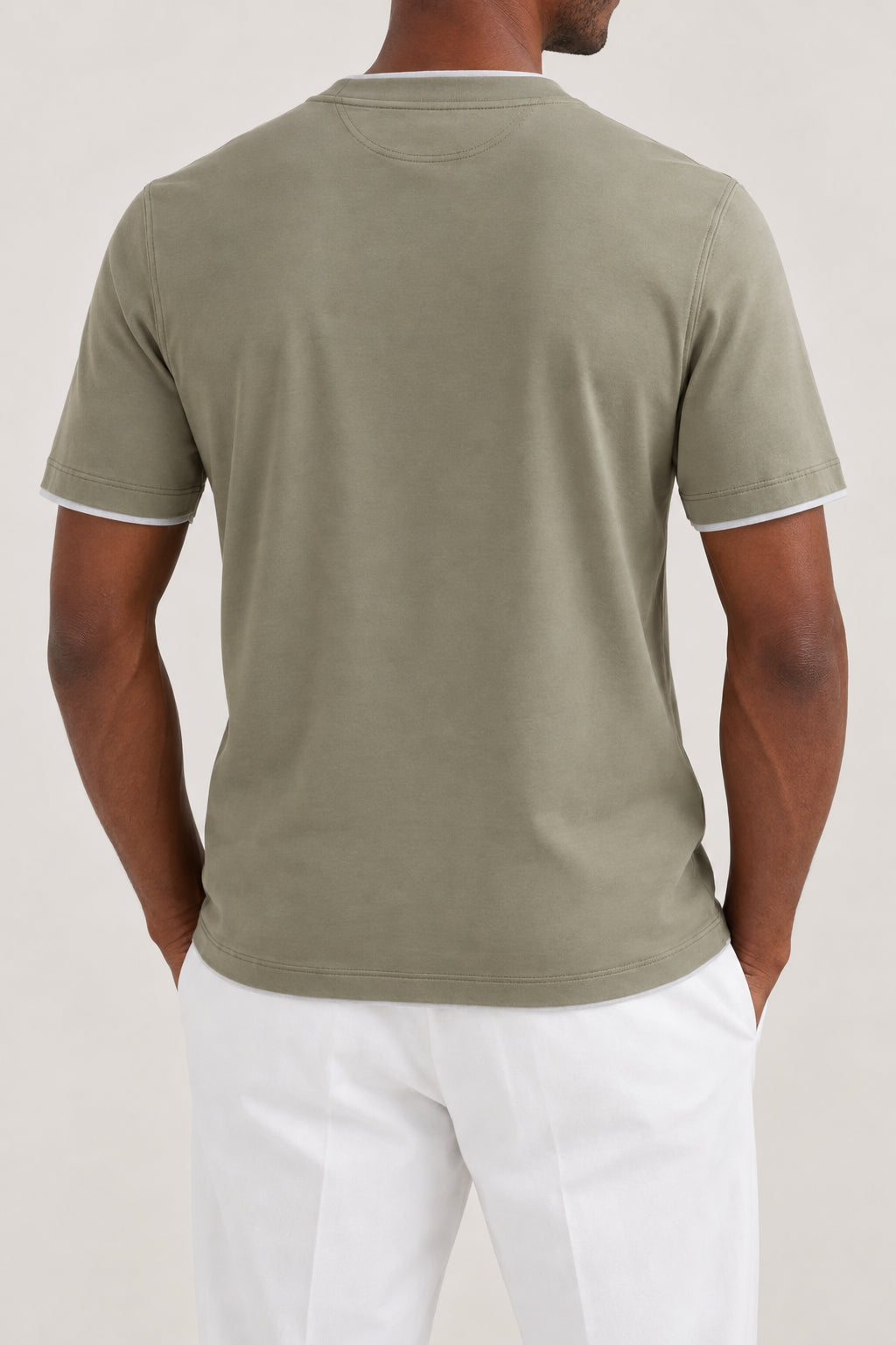 BRUNELLO CUCINELLI MEN'S OLIVE AND LIGHT GREY COTTON CREWNECK SHIRT