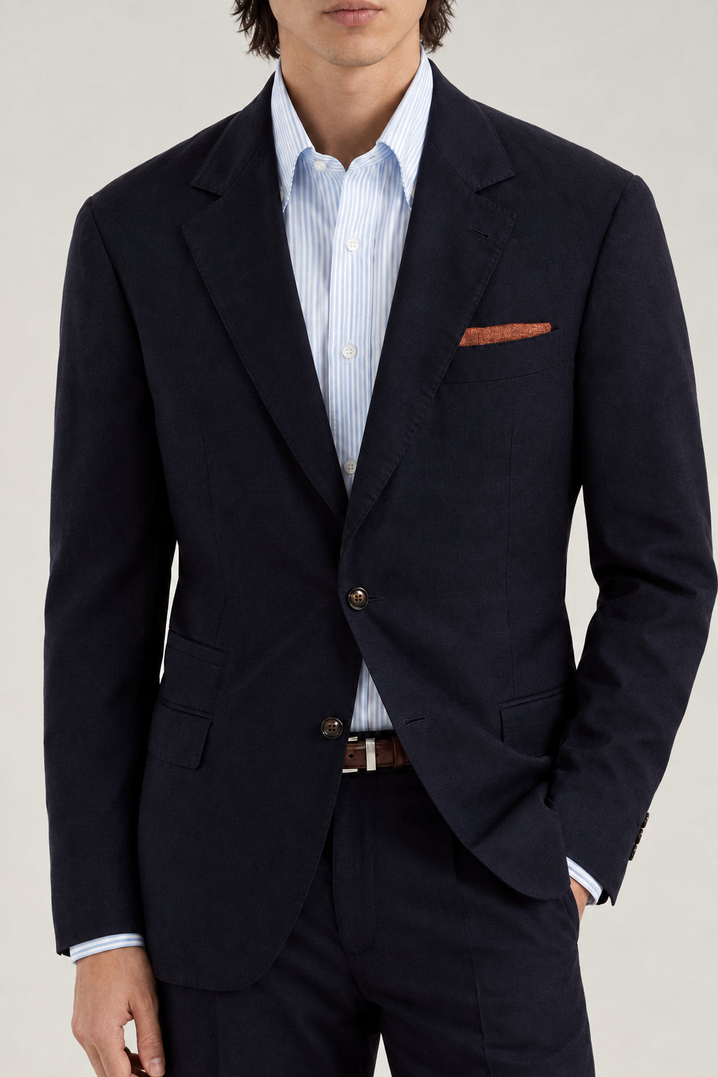 BRUNELLO CUCINELLI MEN'S NAVY WOOL SILK SINGLE BREASTED JACKET