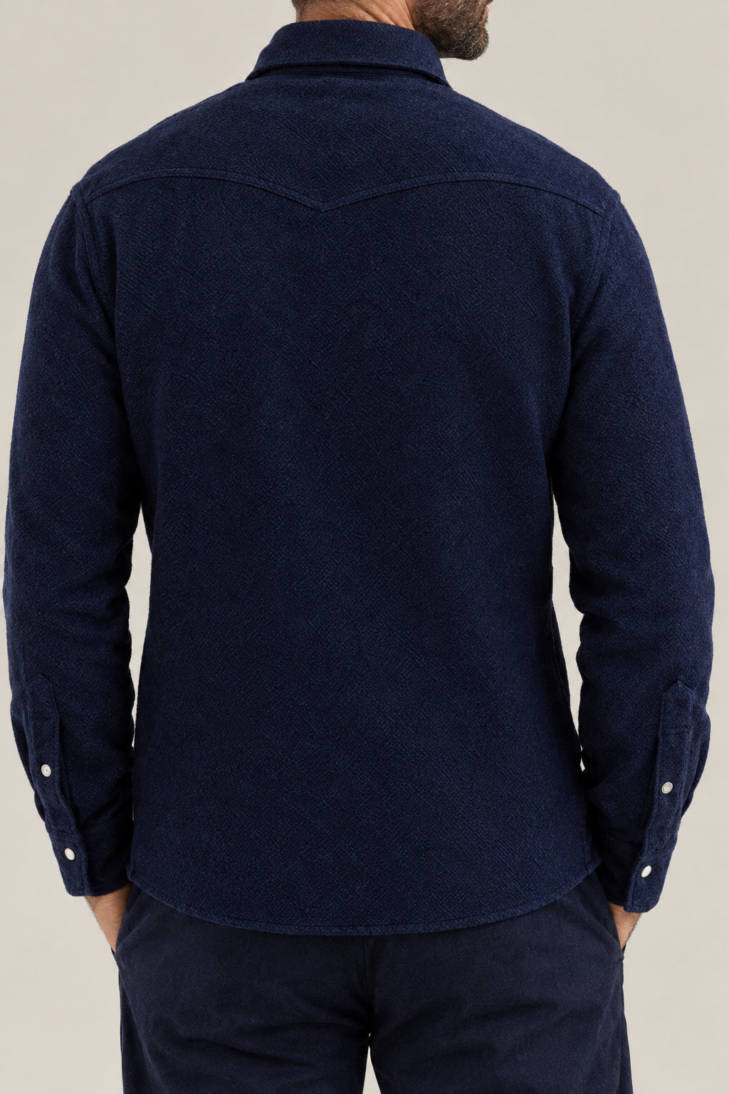 BRUNELLO CUCINELLI MEN'S NAVY WOOL BLEND WESTERN SHIRT