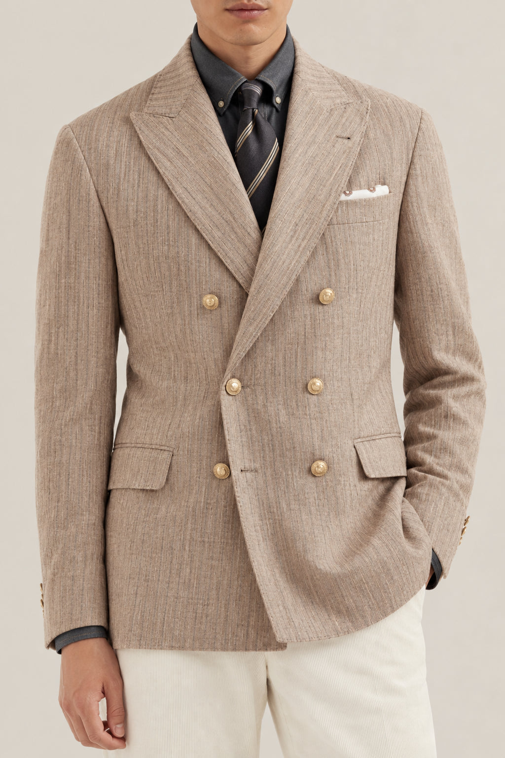 BRUNELLO CUCINELLI MEN'S SAND GREY DOUBLE BREASTED WOOL SILK BLAZER