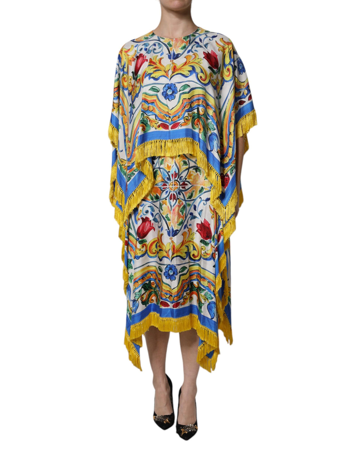 Dolce & Gabbana Multicolor Majolica Kaftan Short Sleeves Maxi Dress