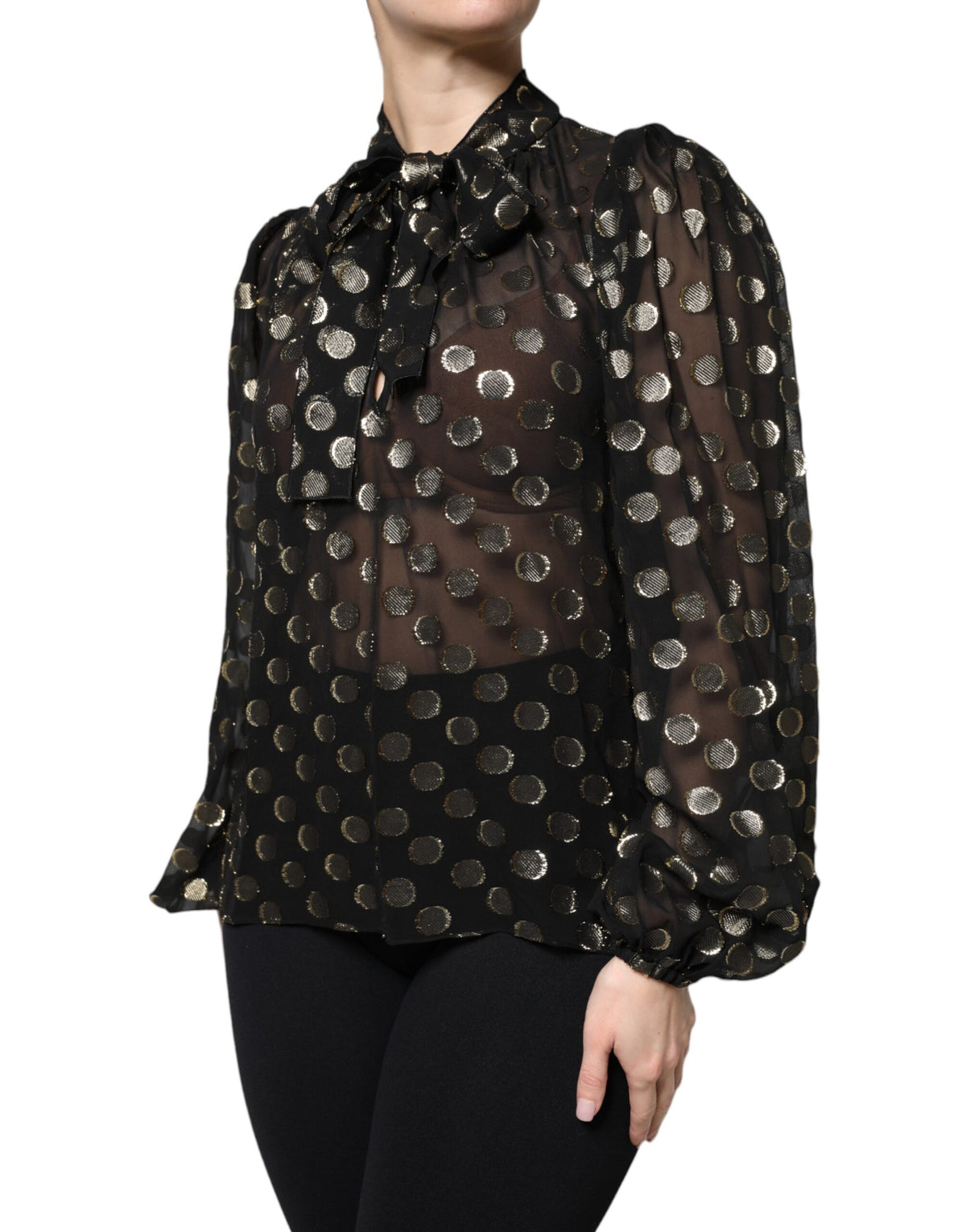 Dolce & Gabbana Black Sheer Tied Neck Polka Dots Blouse Top