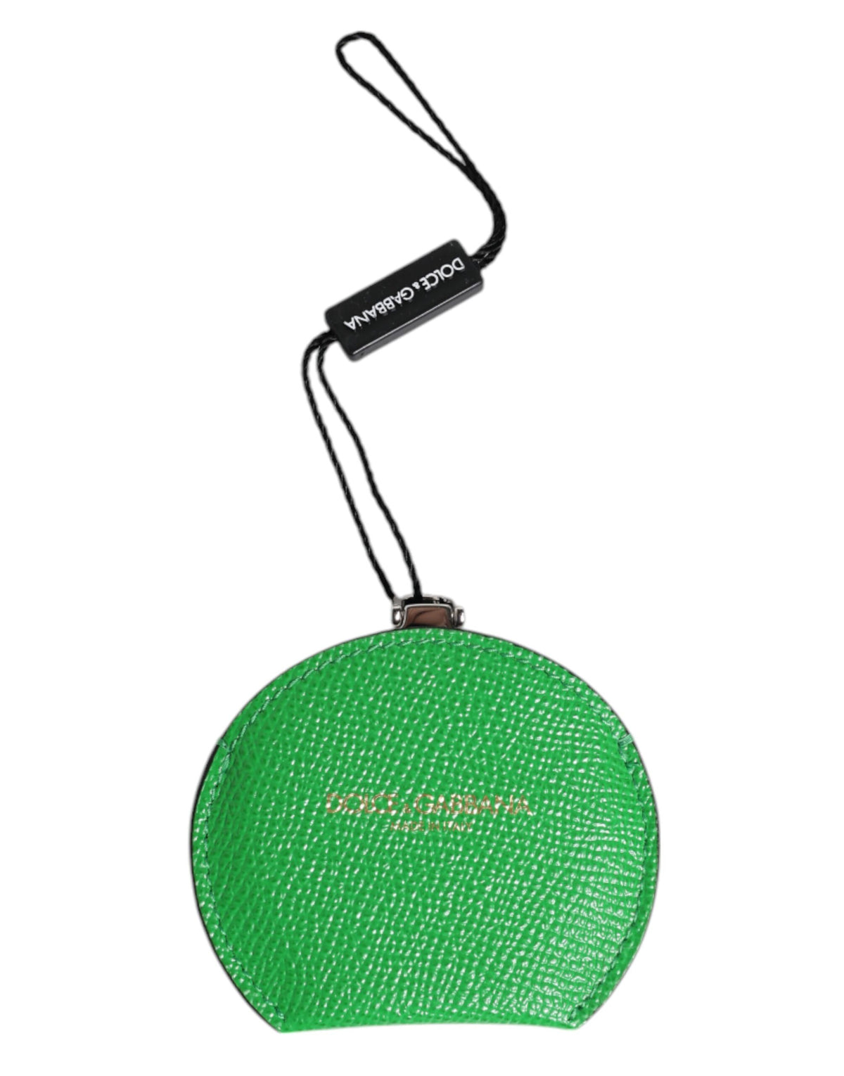 Dolce & Gabbana Green Calfskin Leather Round Logo Hand Mirror Holder