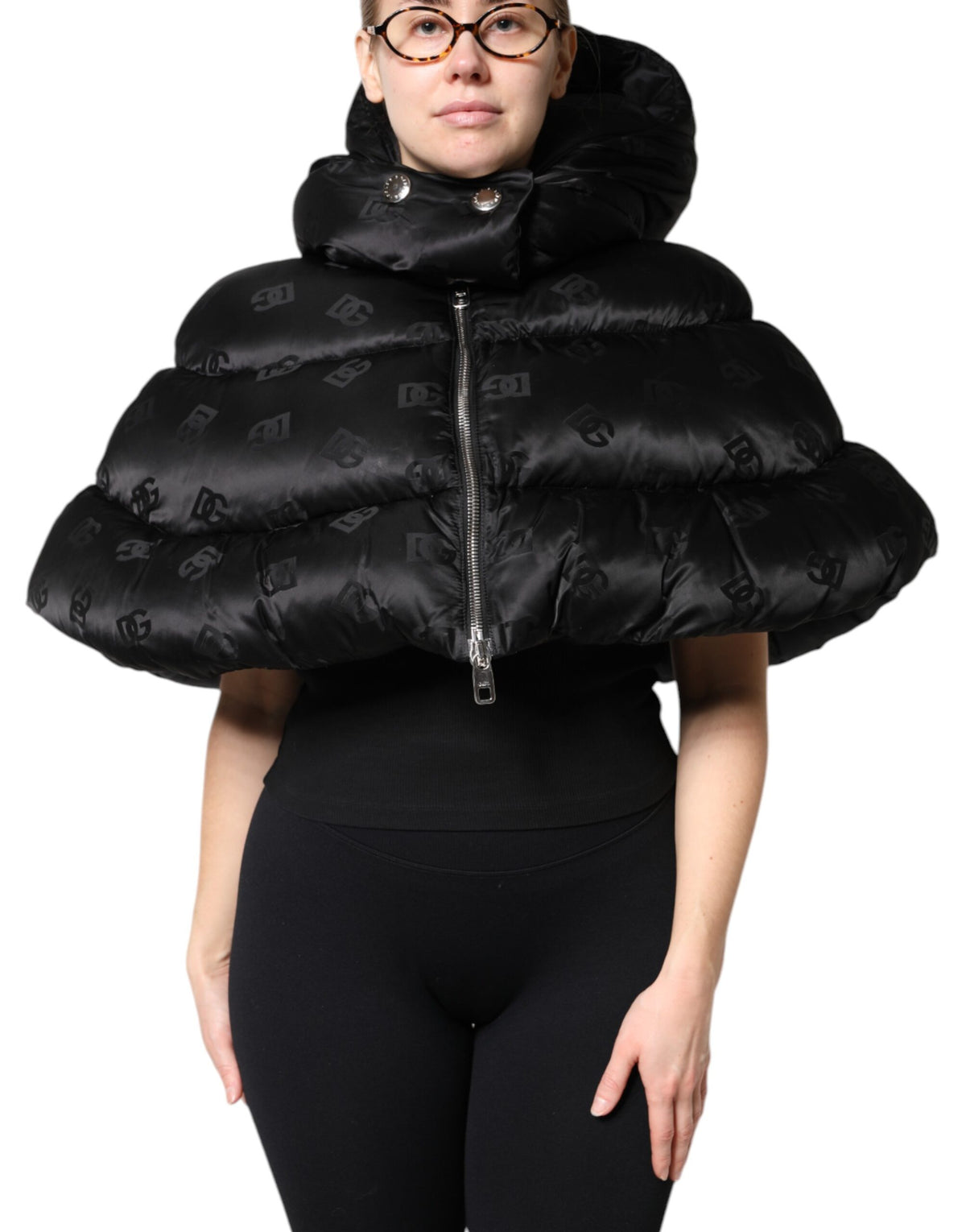 Dolce & Gabbana Black Padded Puffer Hooded Full Zip Cropped Jacket