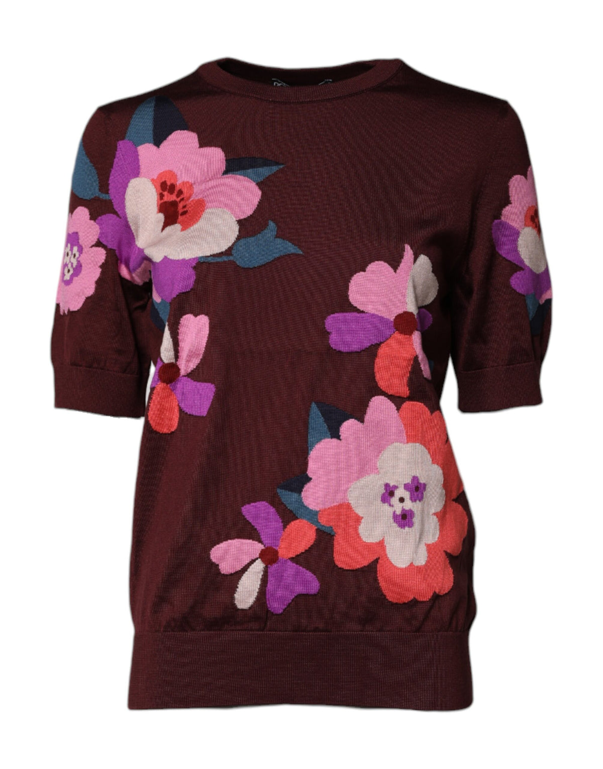 Dolce & Gabbana Maroon Floral Silk Crew Neck Blouse Top