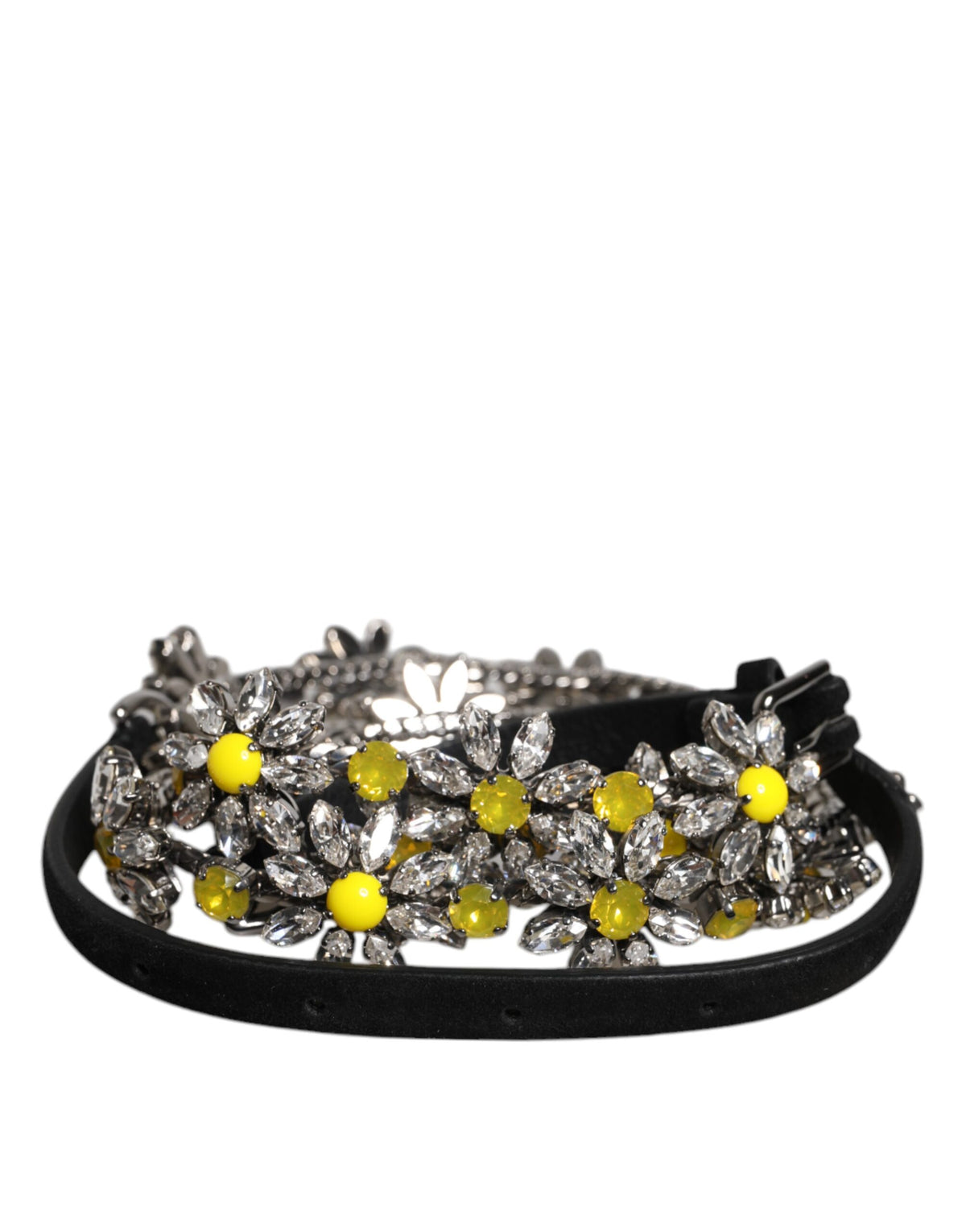 Dolce & Gabbana Black Leather Daisy Crystal Embellish Waist Belt