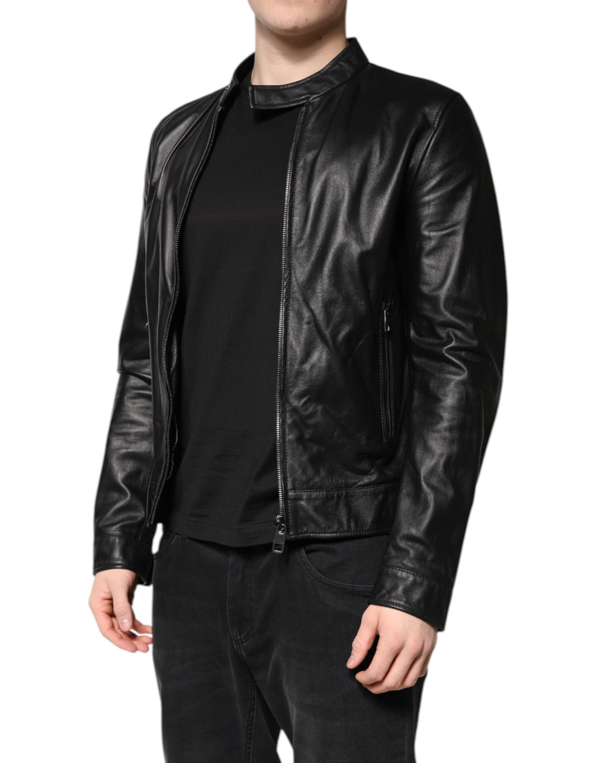 Dolce & Gabbana Black Sheep Leather Biker Full Zip Jacket