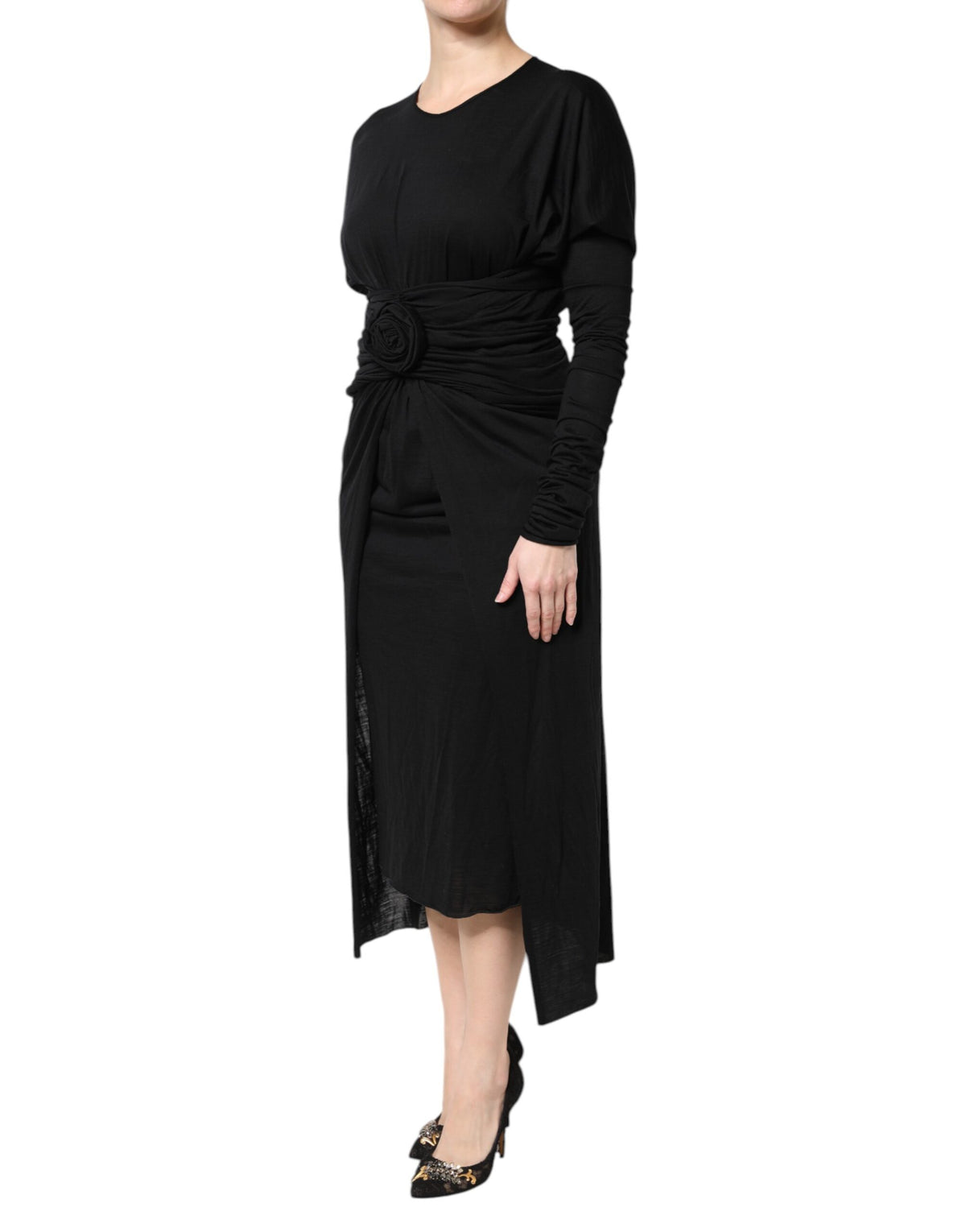 Dolce & Gabbana Black Wool Long Sleeves Sheath Midi Dress