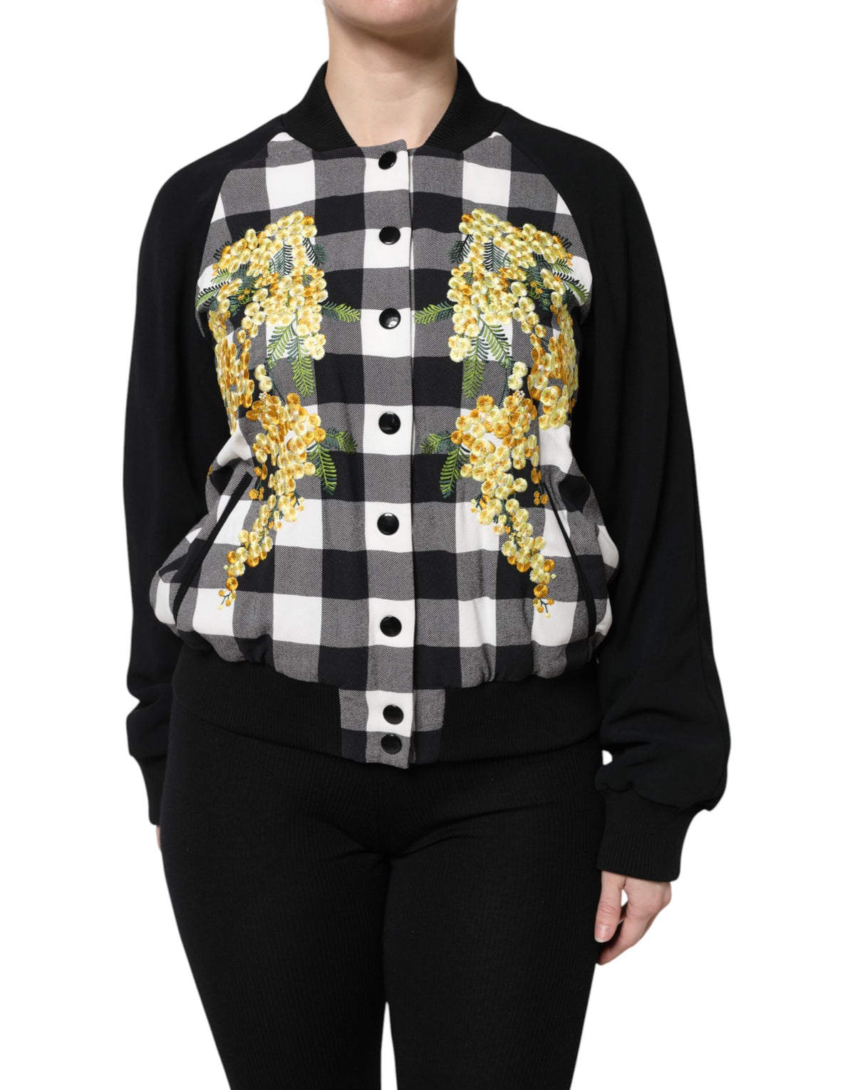 Dolce & Gabbana Black White Check Floral Button Down Jacket