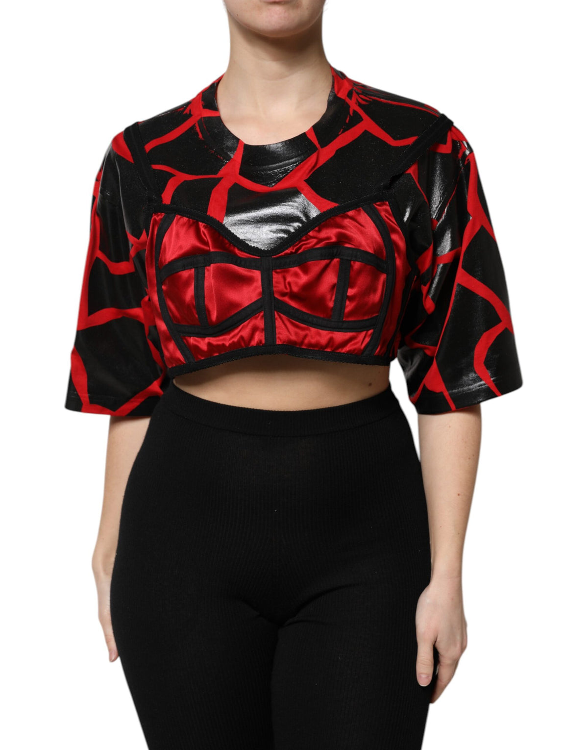 Dolce & Gabbana Red Black Cotton Bustier Detailing Cropped Top