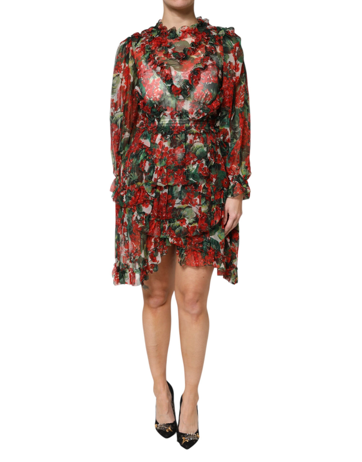 Dolce & Gabbana Multicolor Ruffle Floral Long Sleeves Dress