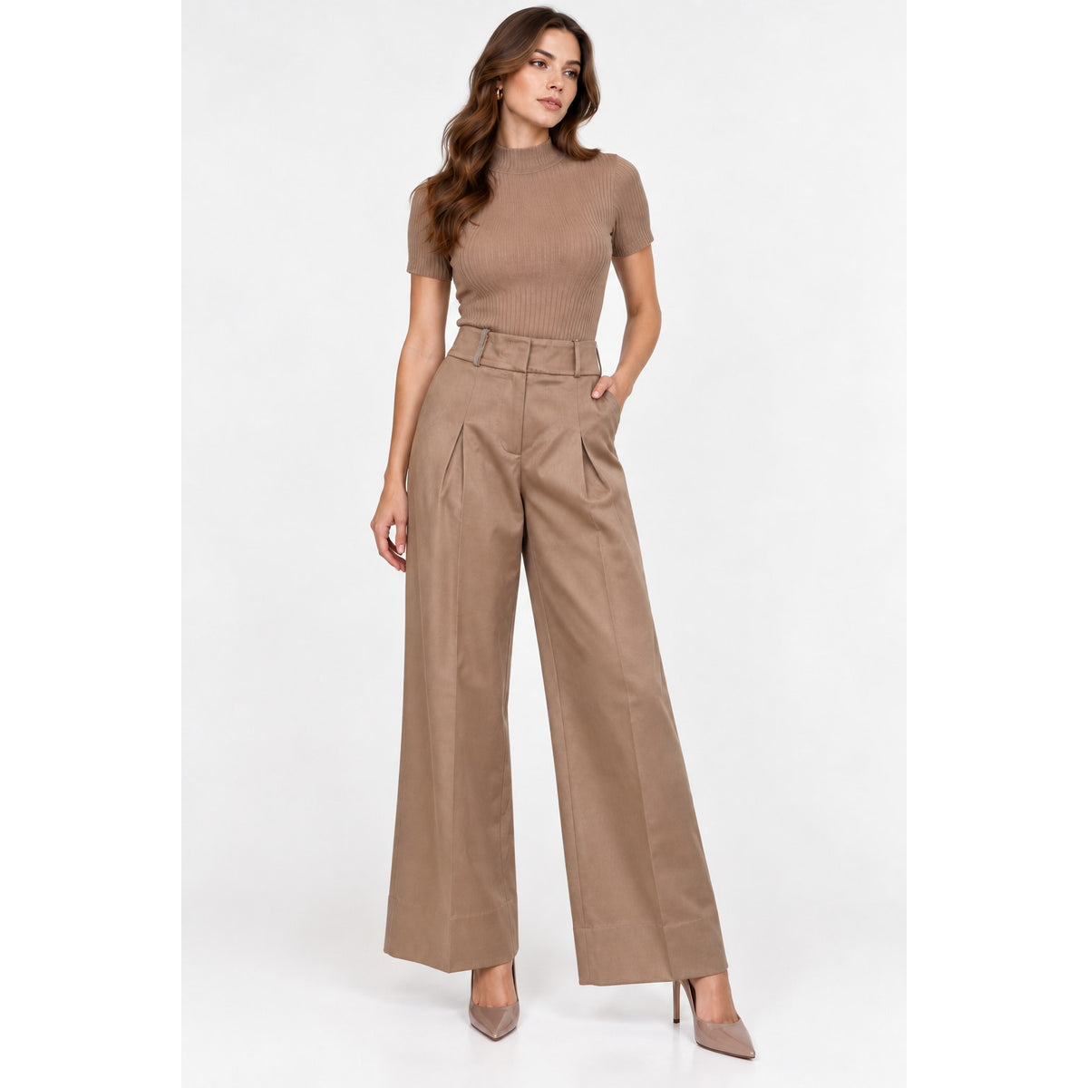 Peserico Taupe High Waist Wide Leg Rhinestone Embellished Pants