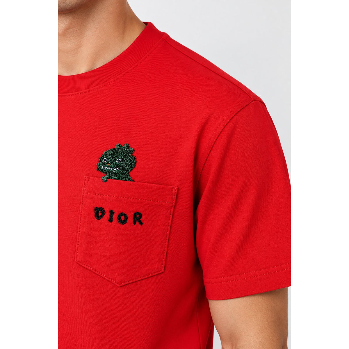 Dior Red Short Sleeve Cartoon Logo Graphic Pocket Tee