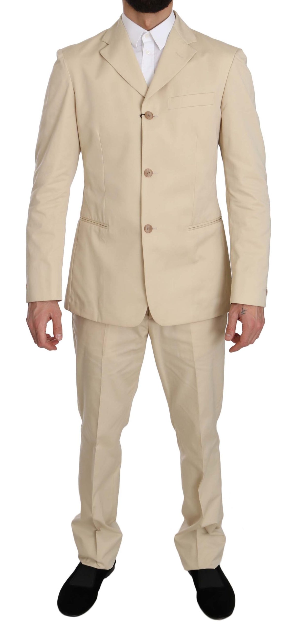 Romeo Gigli Two Piece 3 Button Beige Cotton Solid Suit