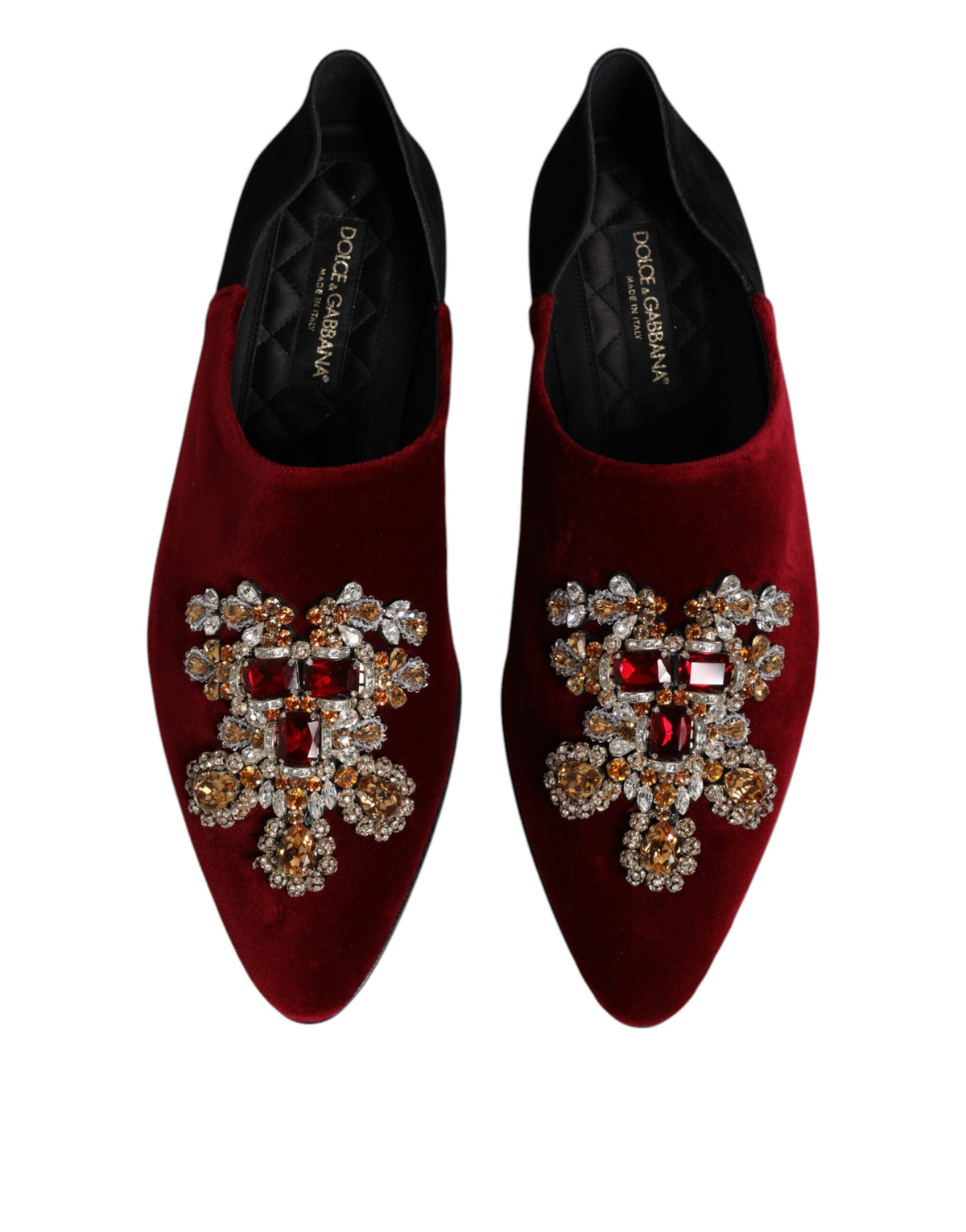 Dolce & Gabbana Black Red Velvet Embellished Slip On Shoes