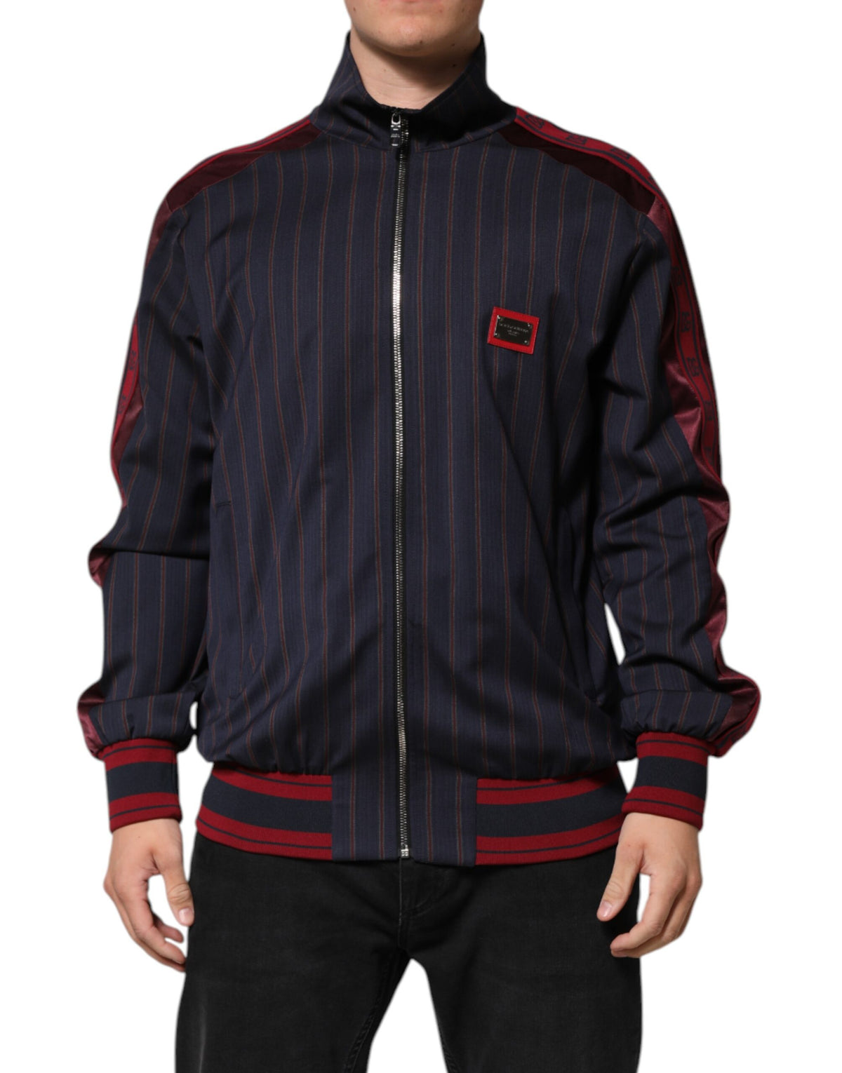Dolce & Gabbana Blue Red Striped Logo Plaque Full Zip Jacket