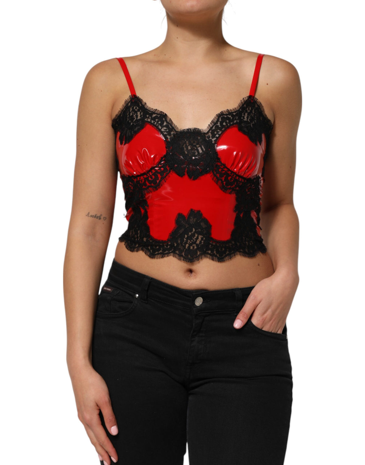 Dolce & Gabbana Red Black Lace Trim Polyester Sleeveless Tank Top