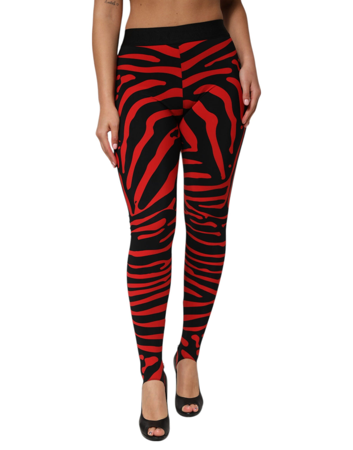 Dolce & Gabbana Black Red Nylon Logo Waisted Leggings Pants