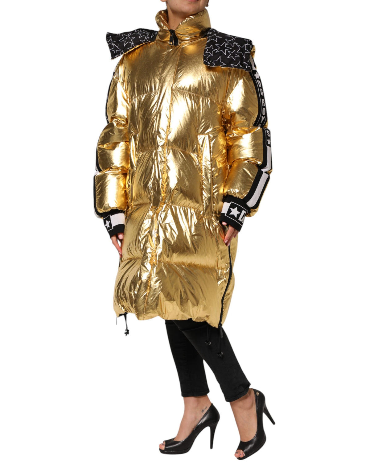 Dolce & Gabbana Gold Hooded Puffer Quilted Full Zip Jacket