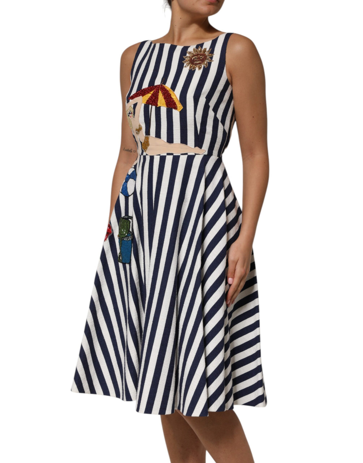 Dolce & Gabbana Blue White Striped Embroidered A-line Dress