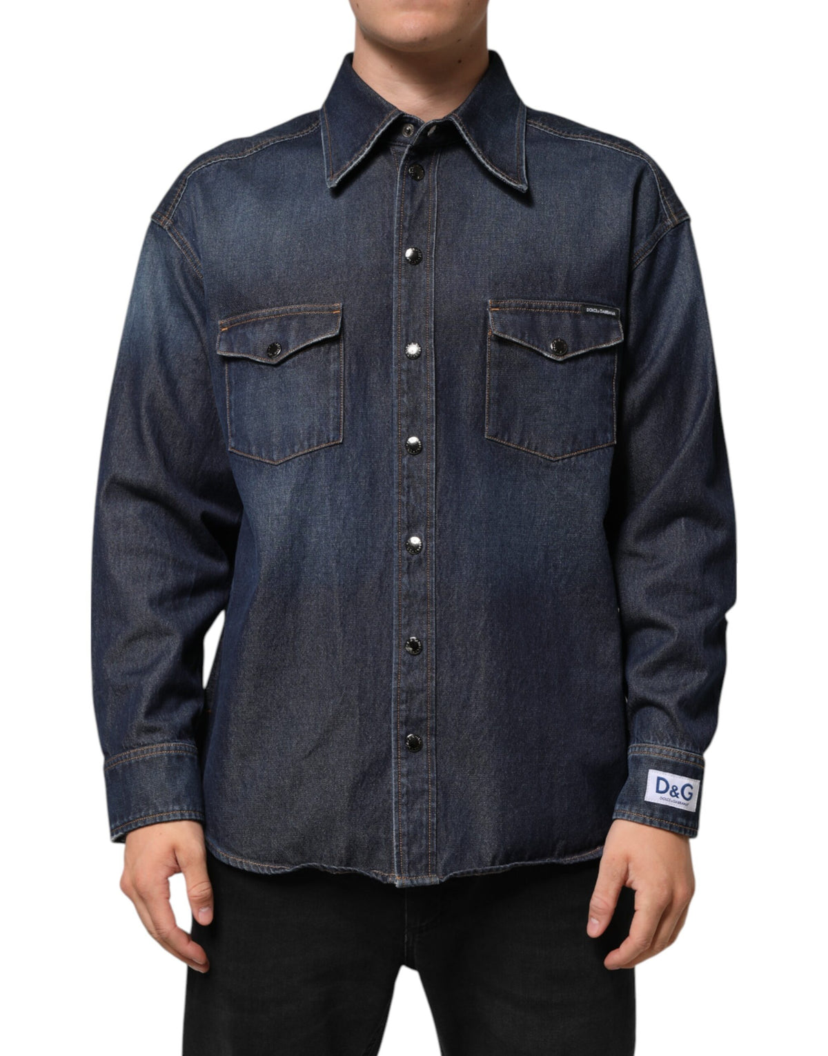 Dolce & Gabbana Blue Denim Button Casual Logo Patch Men Shirt