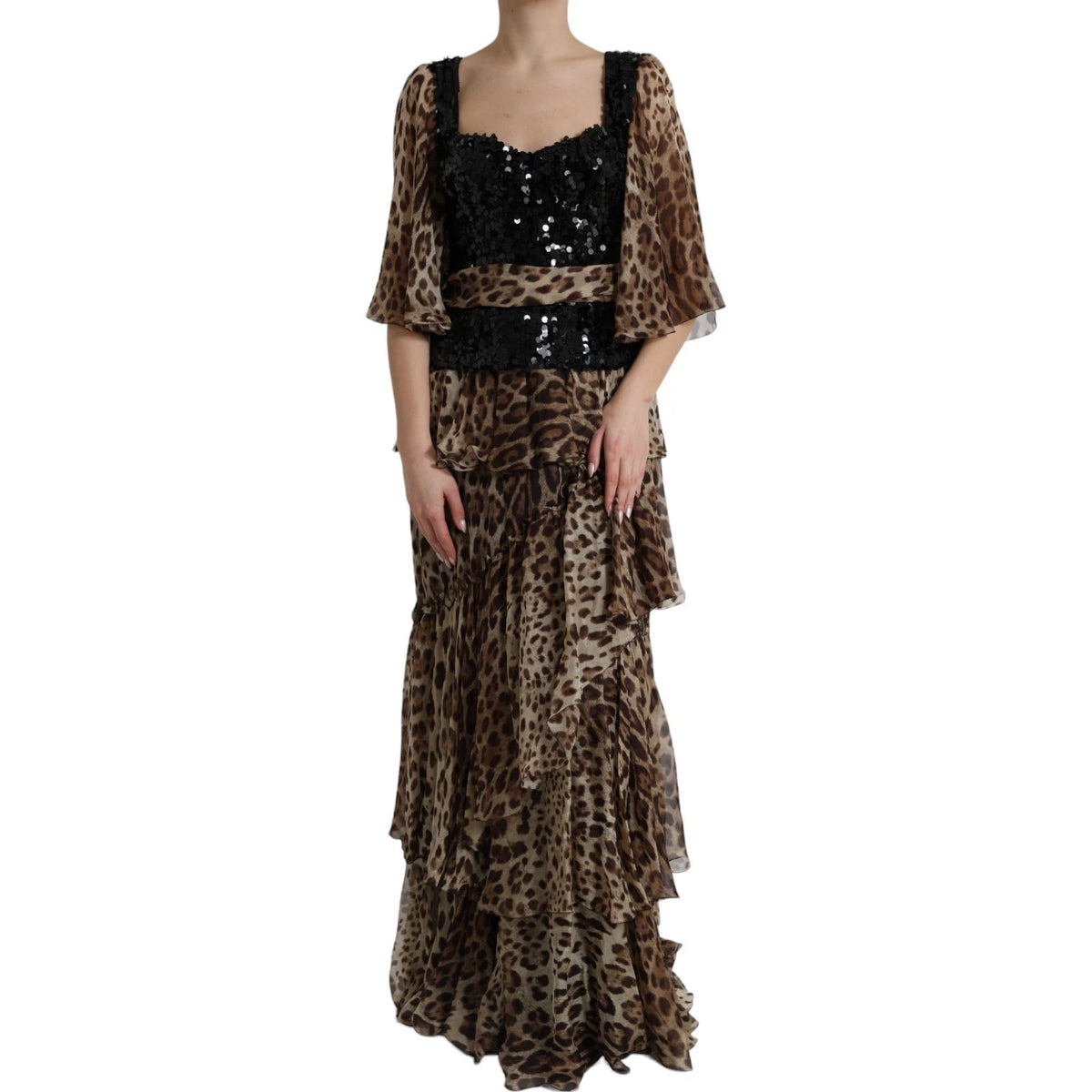Dolce & Gabbana Leopard Print Silk Sequin Ruffle Maxi Dress