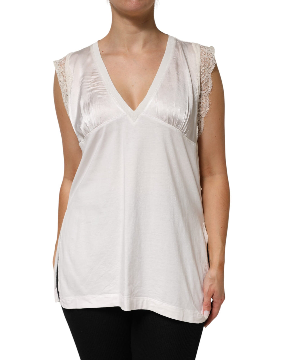 PINKO White Silk Blend Lace Trim Sleeveless V-Neck Women’s Top
