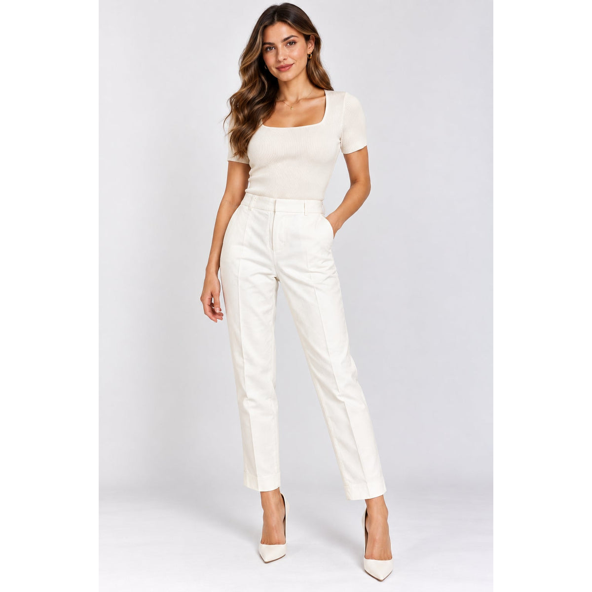 Peserico White High Waist Straight Leg Trousers Pants