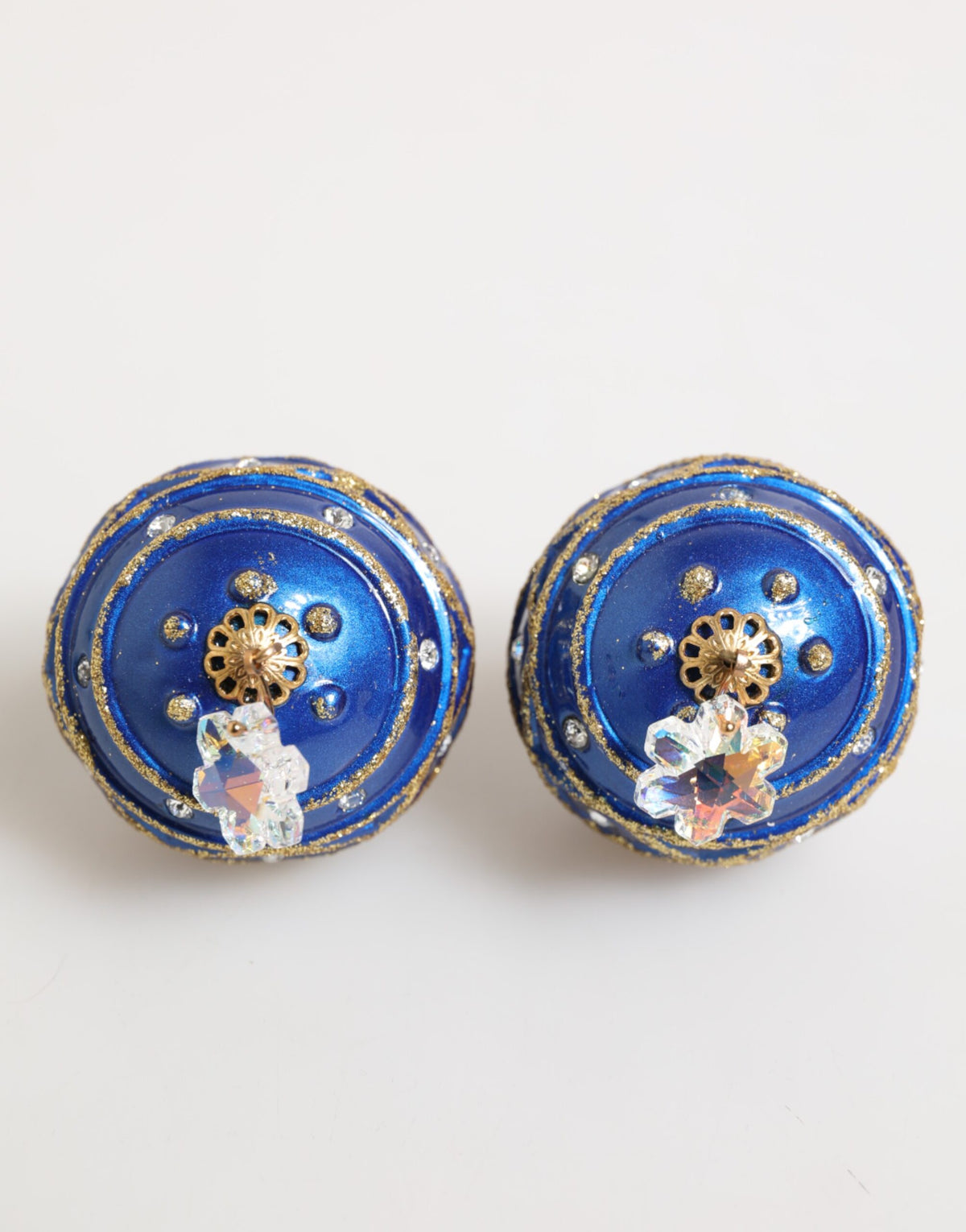 Dolce & Gabbana Gold Brass Blue Christmas Ball Crystal Drop Clip On Earrings
