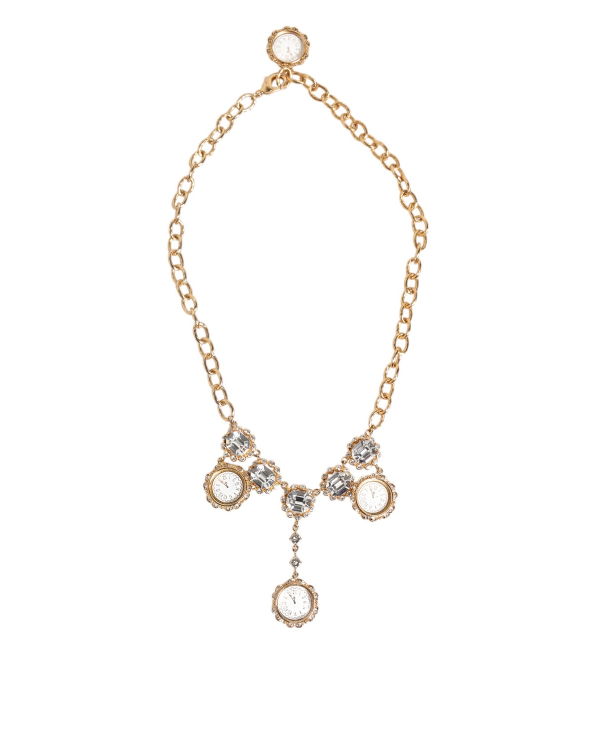 Dolce & Gabbana Gold Crystal Clock Pendant Statement Jewelry Necklace