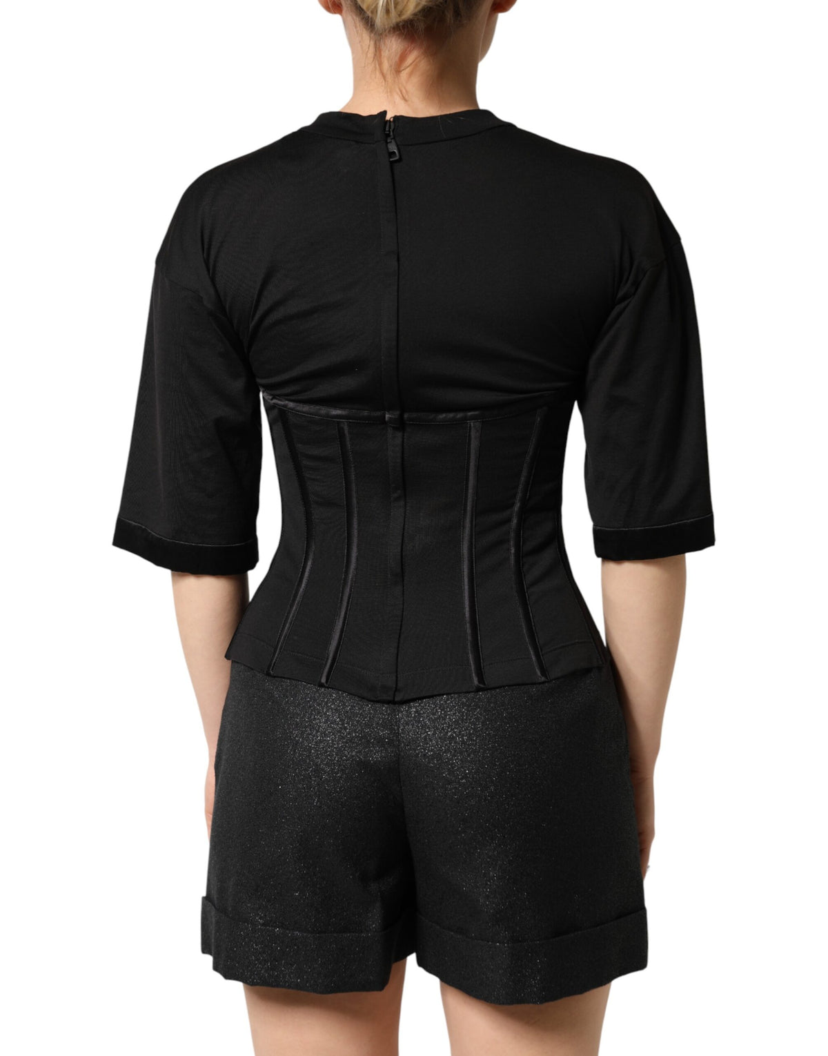 Dolce & Gabbana Black Cotton Bustier Corset Short Sleeves T-shirt
