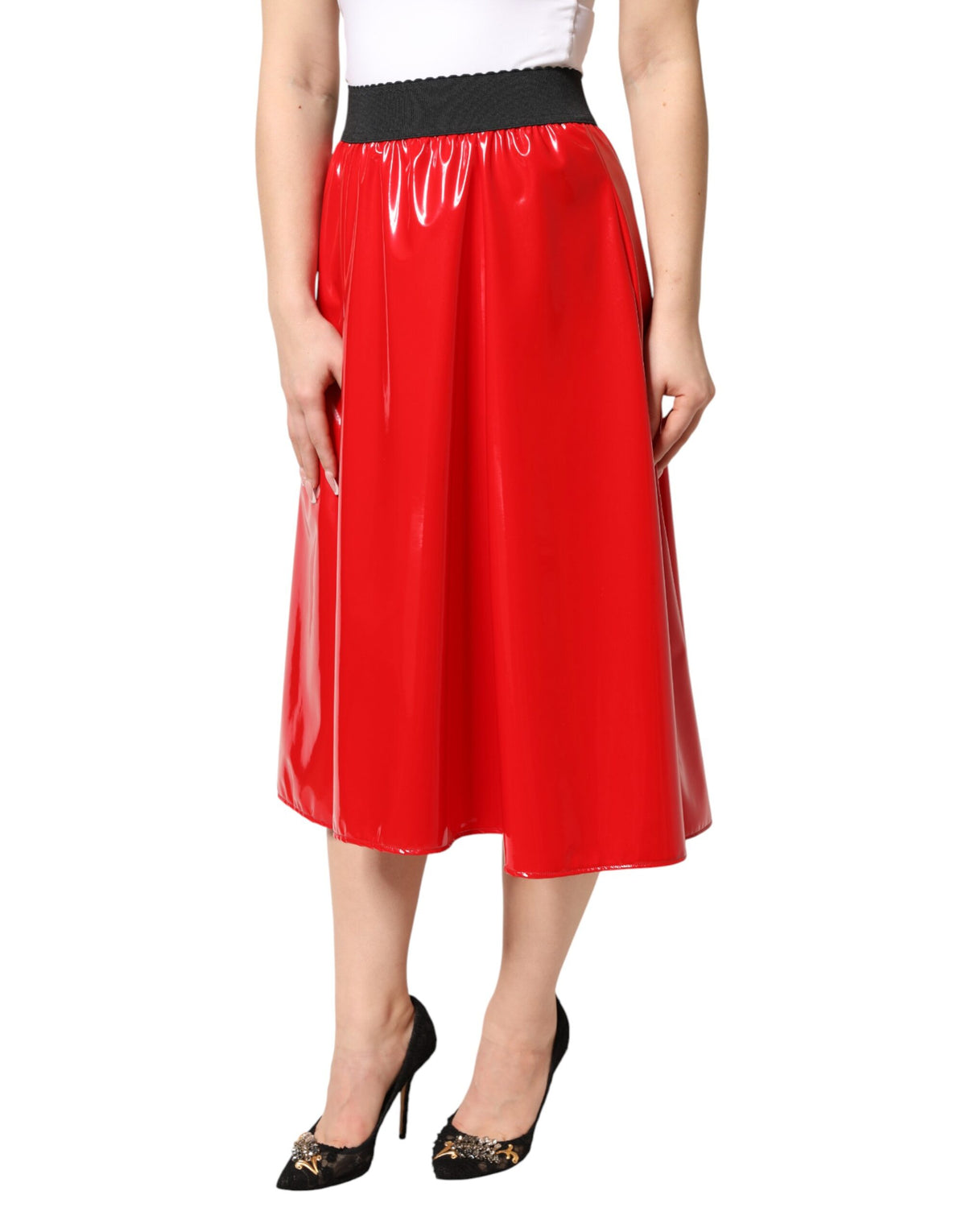 Dolce & Gabbana Glossy Red Polyester High Waist Midi Skirt