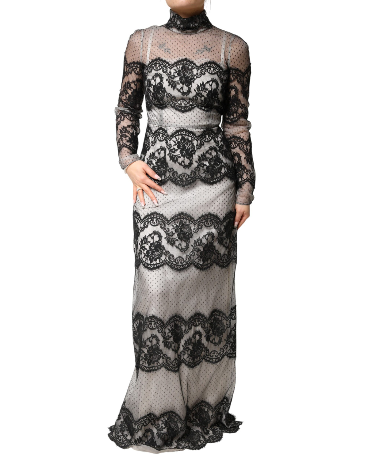 Dolce & Gabbana Black White Lace Silk Blend MaxiSheath Dress