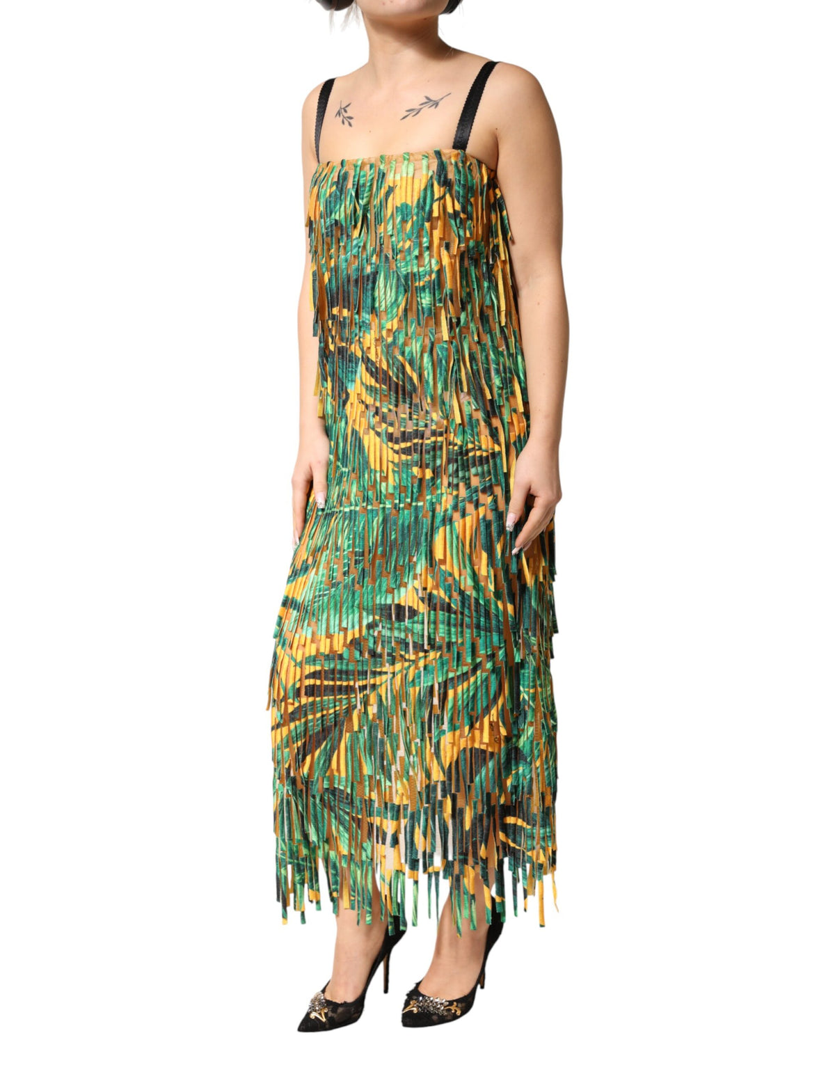 Dolce & Gabbana Multicolor Tropical Print Fringe Maxi Dress