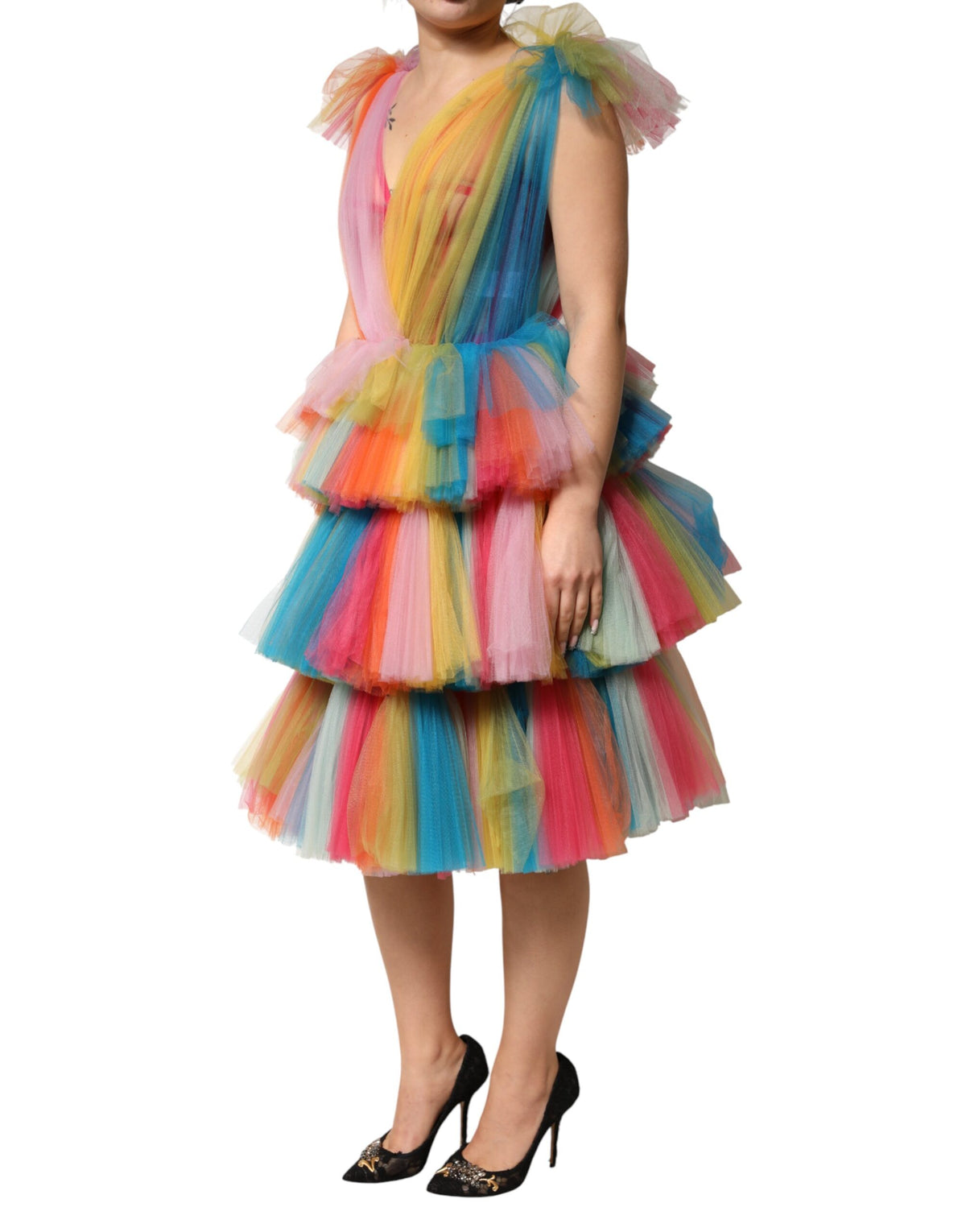 Dolce & Gabbana Multicolor Nylon Tiered Tulle Midi Dress