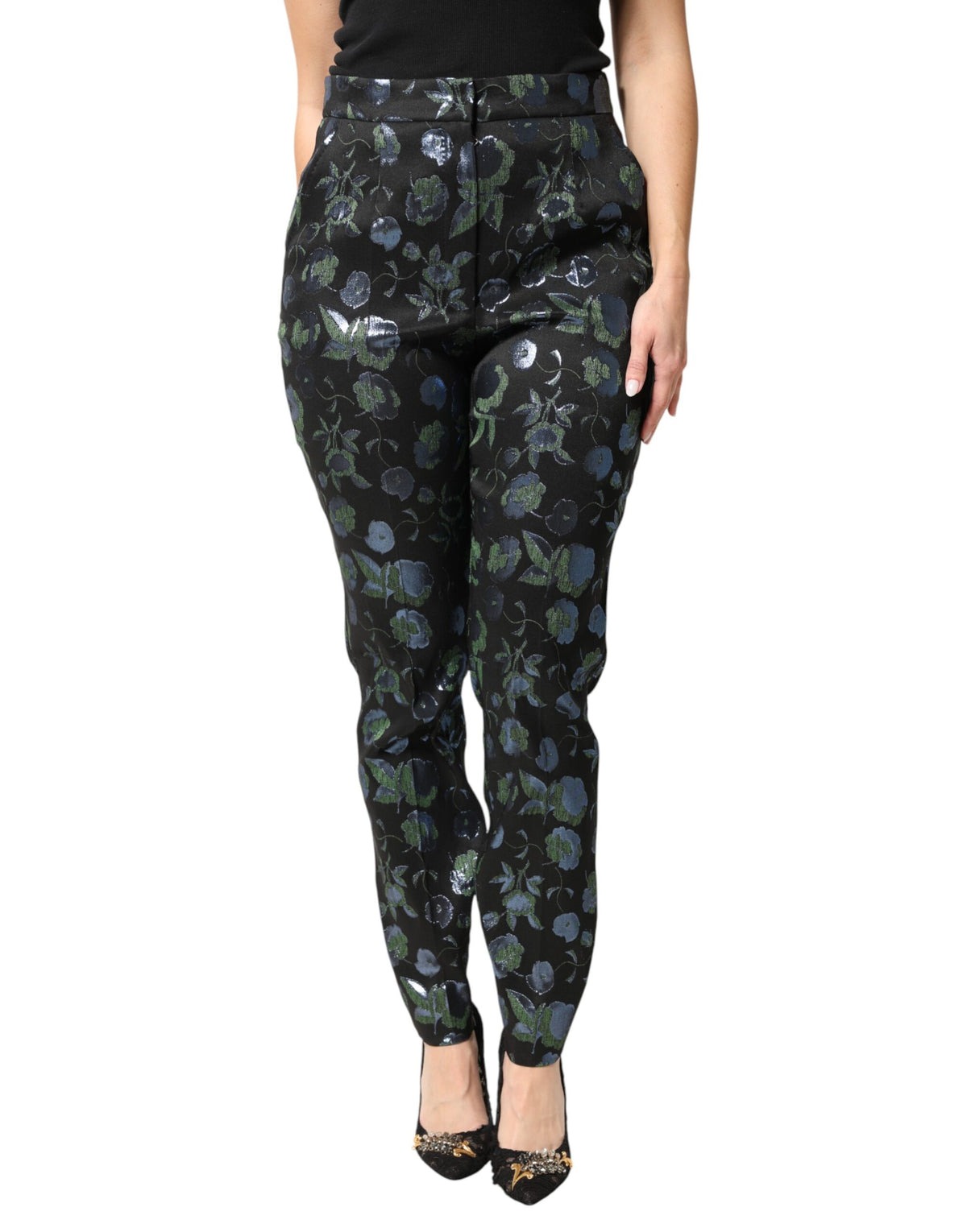 Dolce & Gabbana BlueGreen Floral Metallic Slim Trouser Pants