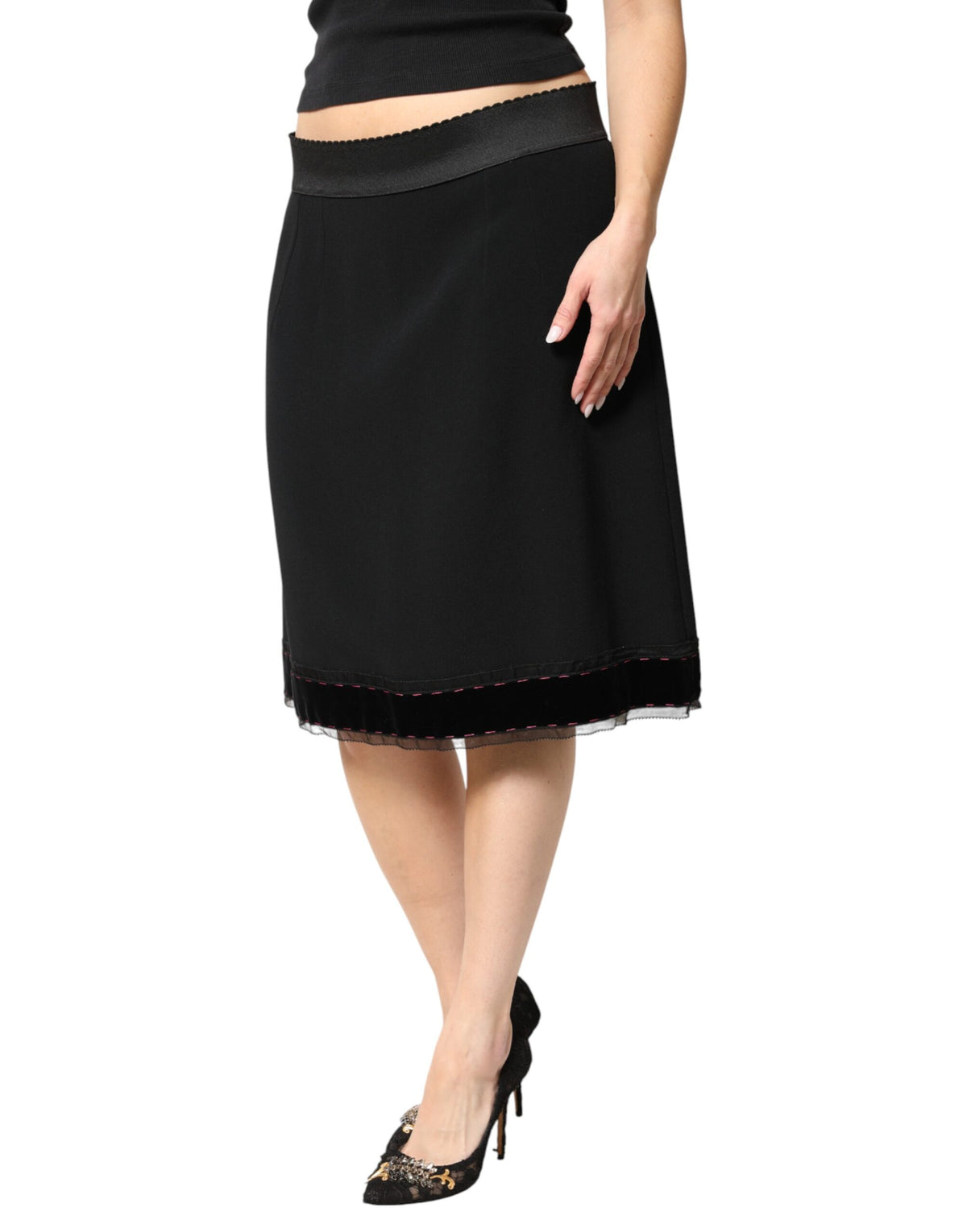 Dolce & Gabbana Black Mid Waist A-line Knee Length Skirt