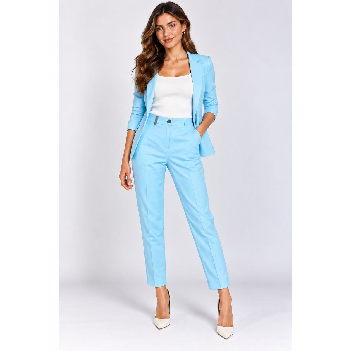 Peserico Light Blue Mid Rise Leather Trim Tapered Twill Trousers